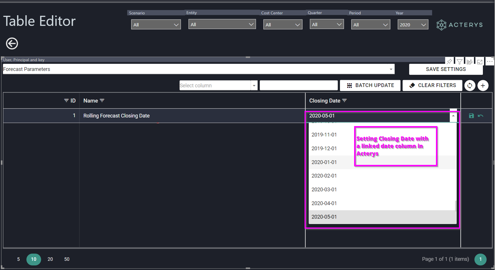 Setting rolling forecast parameter